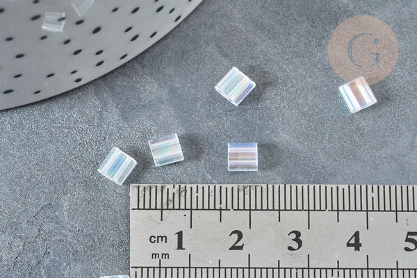 Perles rocaille carré verre rectangle transparent irisé, création bracelet, perle tila,4.5mm,2 trous, x50 (4.8GR) (G7487)