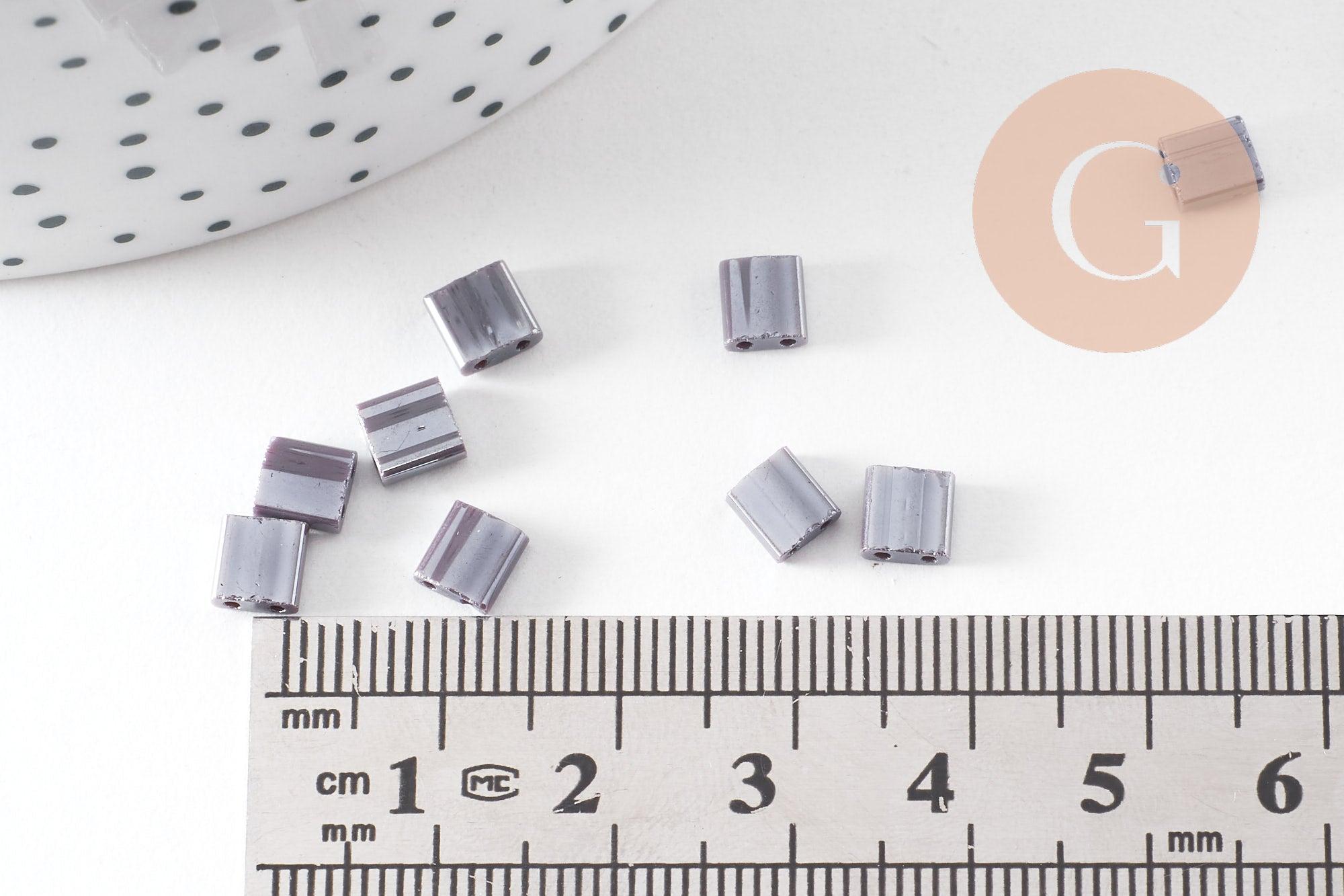 Perles rocaille carré verre rectangle violet irisé opaque tila, 4.5mm,2 trous, x50 (G6311)