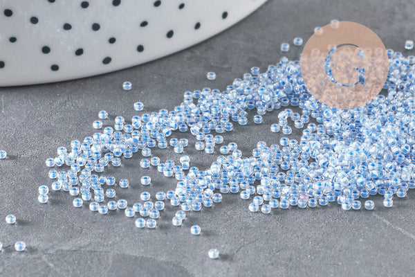 Perles rocailles miyuki bleu ciel 15/0, 1.5mm, Perle rocaille japonaise Sky Blue Lined Crystal, x1 sachet 10g (G3950)