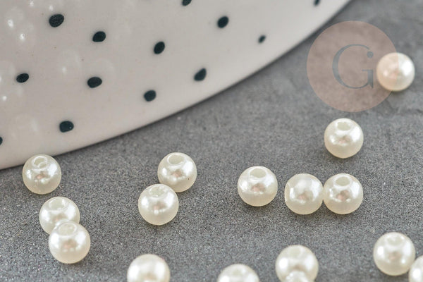 Perles ronde acrylique imitation perle eau douce beige 4mm, création bijoux DIY, x30 (0.9gr) (G9368)
