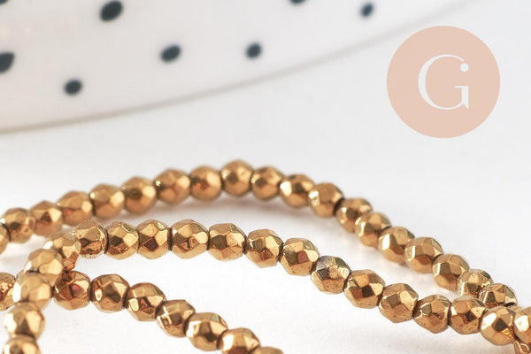 Perles ronde facettée hématite synthétique dorée 2mm, pierre, le fil de 38cm, x1 (G4480)