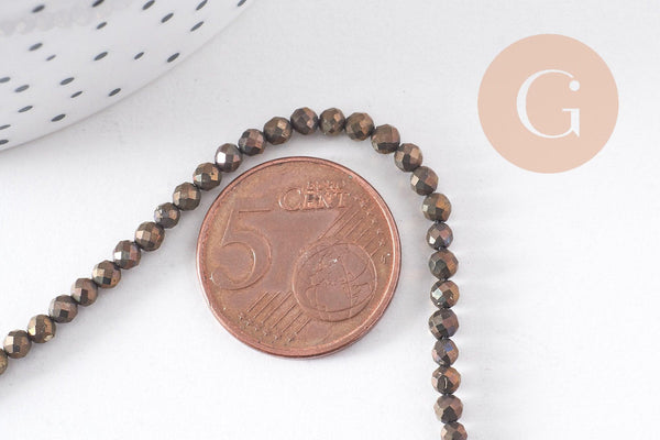 Perles ronde pyrite naturelle facettée 3mm,x 1 fil de 39cm (G3824)