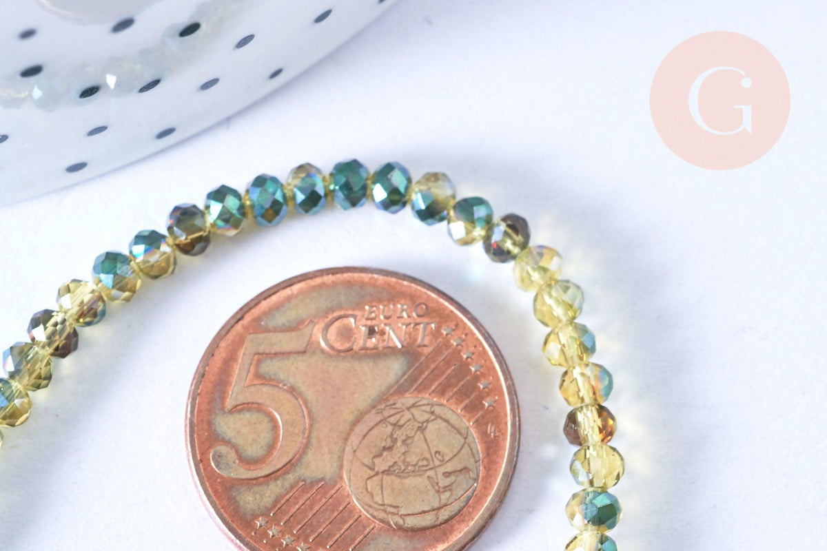 Perles rondelle cristal bicolore jaune vert irisé facette 3.5x2.5mm, x1 fil 25.4cm (G6761)