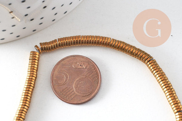 Perles rondelle hématite synthétiques dorées 4mm, perle hématite non magnétique pour pierre, fil de 40cm , x1 (G3618)