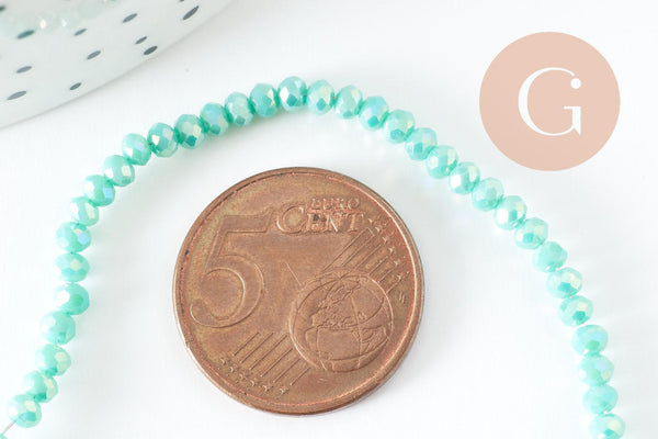 Perles rondelle verre irisée facettée vert irisé AB 3x2mm, création bijoux cristal, fil de 42cm, x1 (G7392)