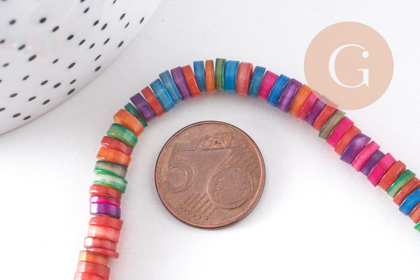 Perles rondelles coquillage naturel multicolore heishi 5-7mm,perle rondelle coquillage multicolore, création bijoux, fil de 200 perles, x1 (G5851)