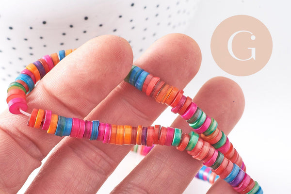 Perles rondelles coquillage naturel multicolore heishi 5-7mm,perle rondelle coquillage multicolore, création bijoux, fil de 200 perles, x1 (G5851)