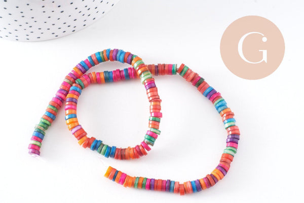 Perles rondelles coquillage naturel multicolore heishi 5-7mm,perle rondelle coquillage multicolore, création bijoux, fil de 200 perles, x1 (G5851)