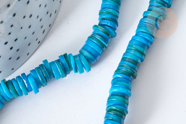 Perles rondelles heishi coquillage naturel teinté bleu 8~8,5mm, fil de 39cm x1 (G7873)