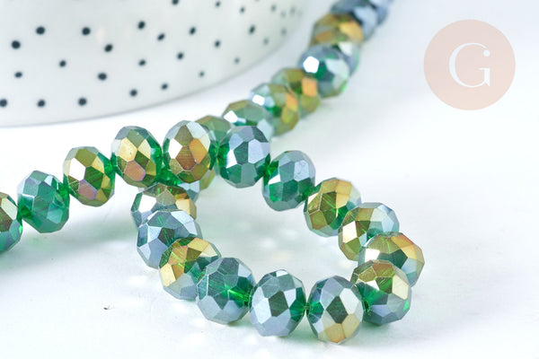 Perles rondelles verre facettée vert irisé 10x8mm, cristal, le fil de 53cm (G7454)
