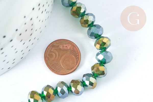 Perles rondelles verre facettée vert irisé 10x8mm, cristal, le fil de 53cm (G7454)