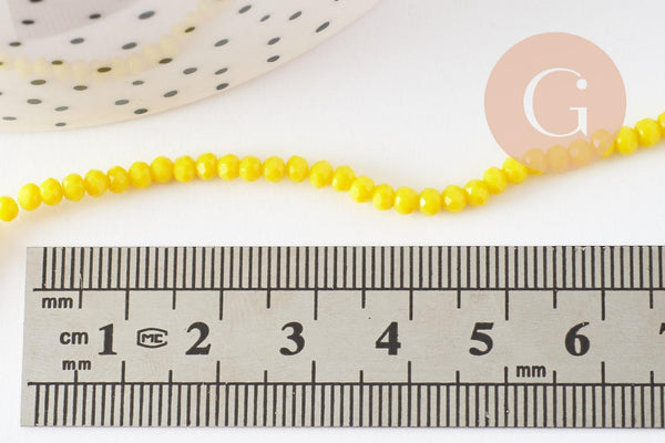 Perles rondelles verre opaque facettées jaune 3x2mm, bijoux cristal, bijou fantaisie DIY, fil de 39cm, x1 G8256
