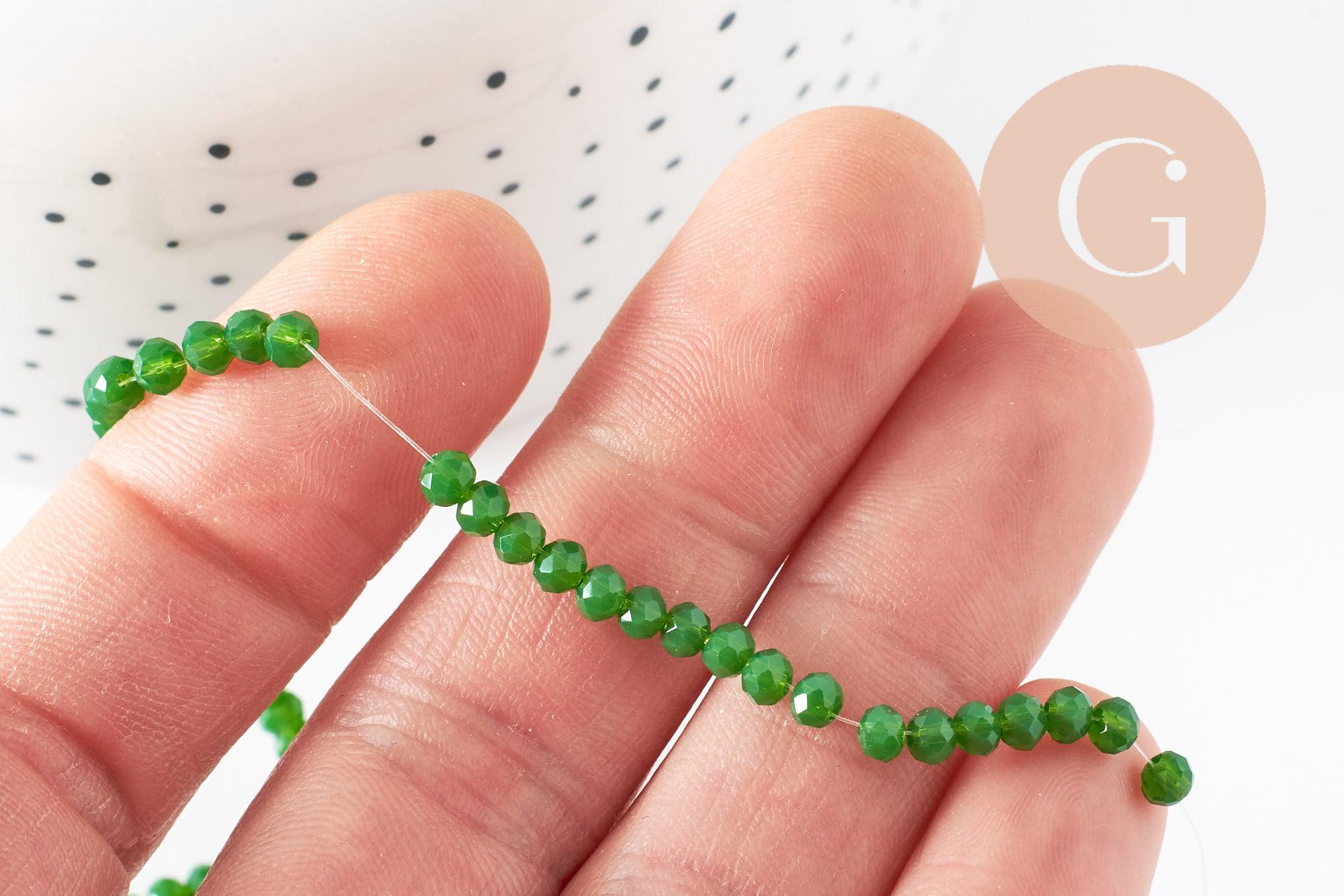 Perles rondelles verre opaque facettées vert 3.5x2.5~3mm, création bijoux cristal DIY, fil de 35cm X1 (G3907)