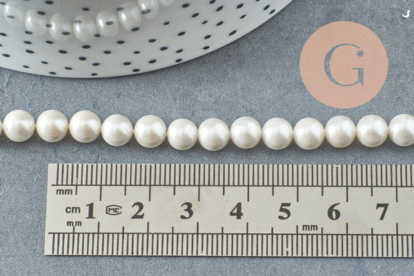Perles rondes coquillage naturel blanche nacrées 6mm, x1 fil de 40cm (G10131)