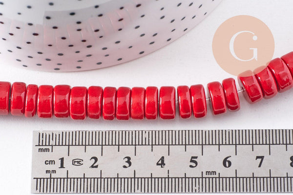 Perles rondes rondelles turquoise rouge 10x4mm, x1 fil de 50cm (G0989)