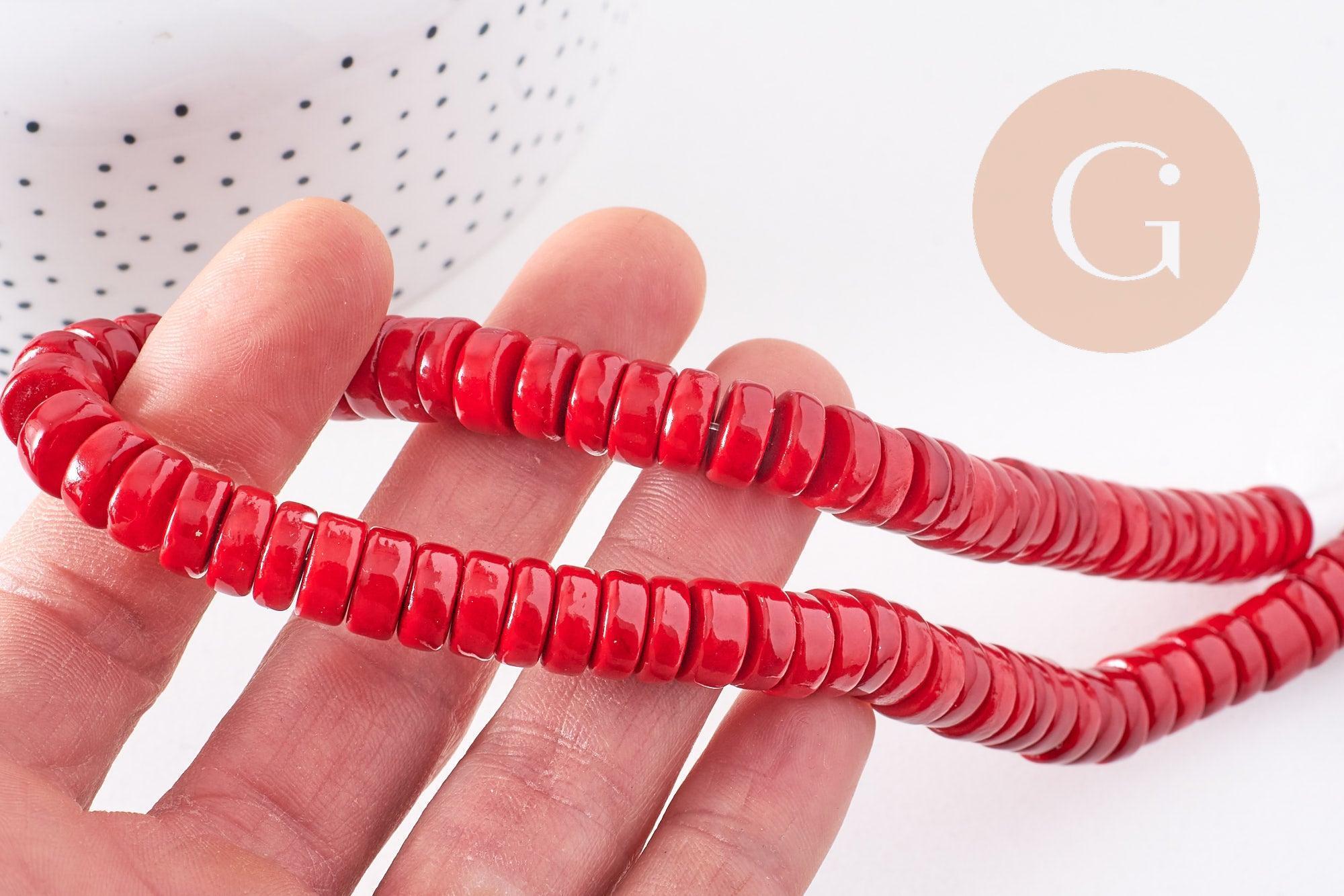Perles rondes rondelles turquoise rouge 10x4mm, x1 fil de 50cm (G0989)
