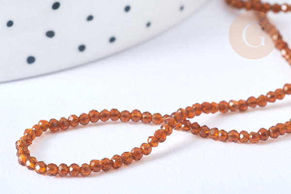 Perles rondes verre marron, marron clair facettes 2mm, fil de 38cm, x1 (G7950)