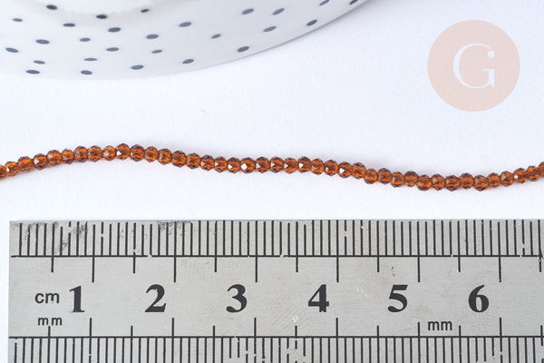 Perles rondes verre marron, marron clair facettes 2mm, fil de 38cm, x1 (G7950)