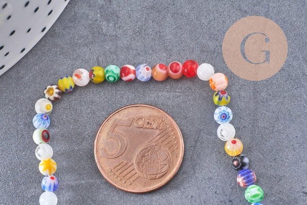 Perles rondes verre millefiori artisanal 4mm, x1 fil de 38cm (G5874)