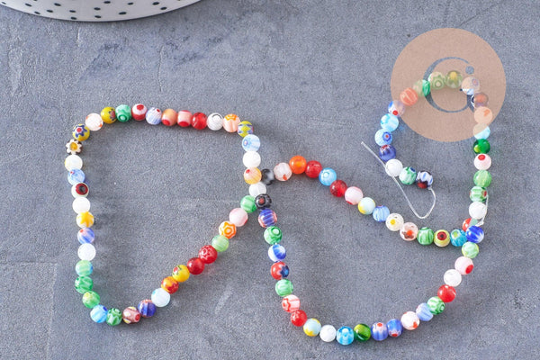 Perles rondes verre millefiori artisanal 4mm, x1 fil de 38cm (G5874)
