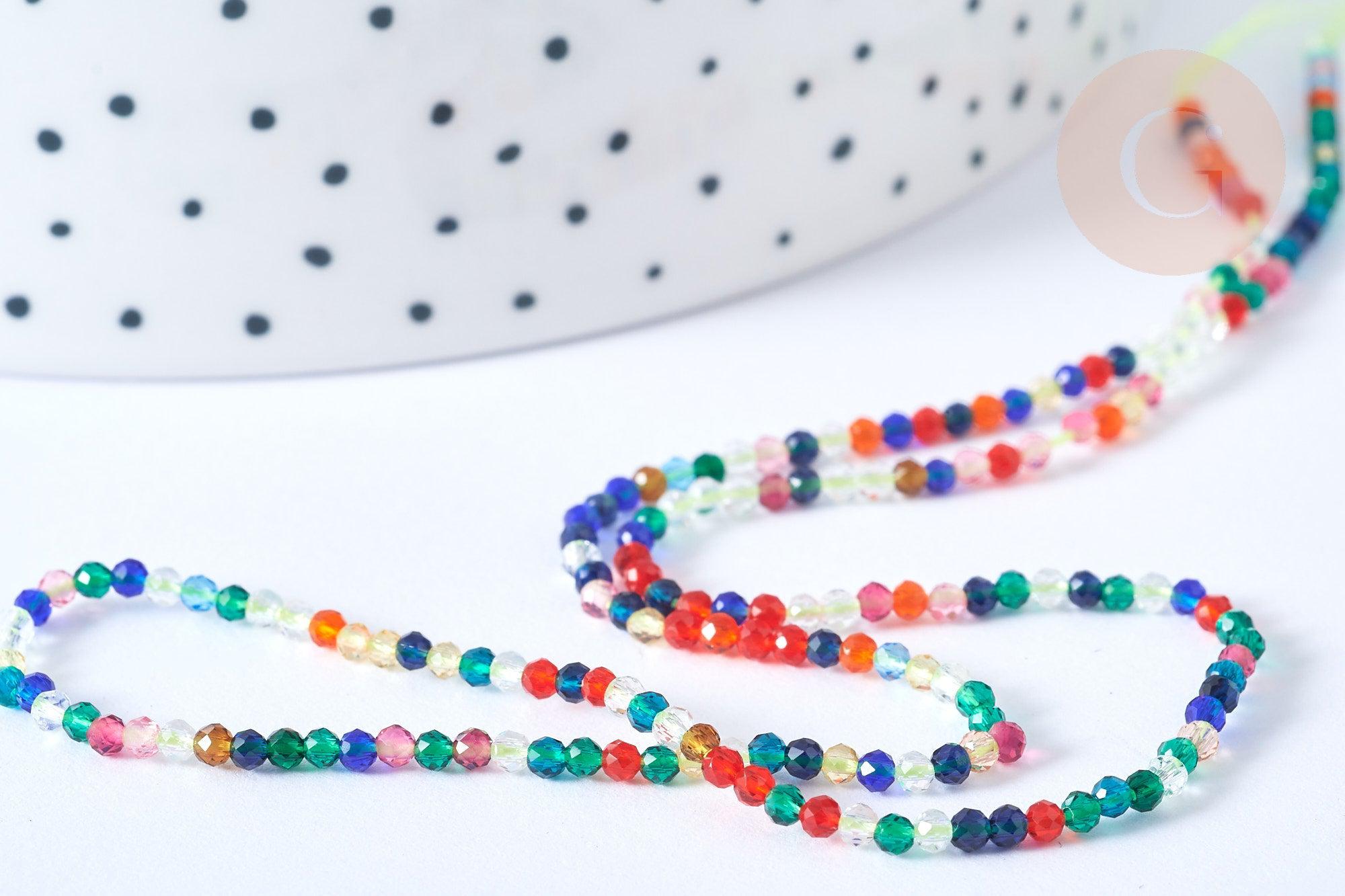 Perles rondes verre multicolore 2mm, perle verre, création bijoux cristal, fil de 38cm, x1 (G7951)