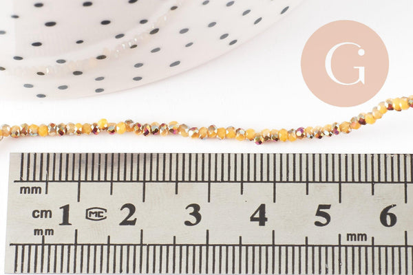 Perles toupies cristal jaune irisé, perles bijoux, perle cristal, Perle verre facette,fil de 26cm, 2mm, x1 (G4506)
