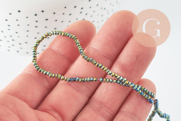 Perles toupies cristal vert métallisé facette, fil de 180 perles, 3x2mm, x1 (G5909)