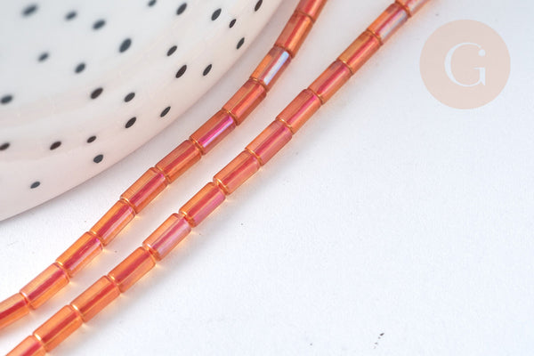Perles tube à facettes rouge orangé, perle tissage, 4.5x2.5mm, fil de 36cm, x1 (G7342)