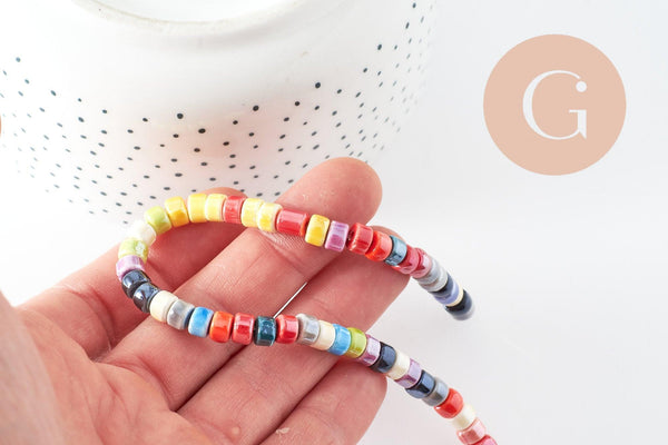 Perles tube heishi porcelaine multicolore 4.5mm, création bijoux fantaisie DIY, fil de 30cm, x1 (G9660)