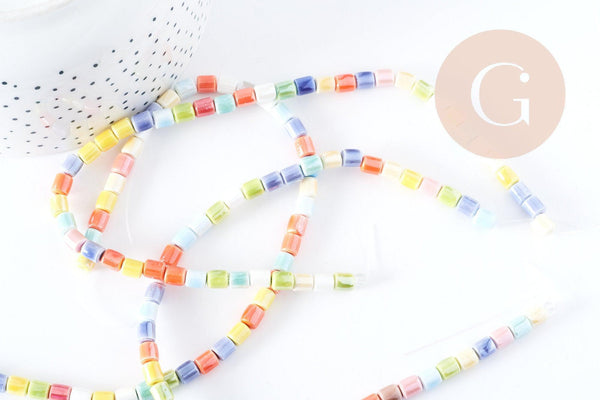 Perles tube porcelaine multicolore 6.5mm, création bijoux fantaisie DIY, fil de 30cm, x1 G8986