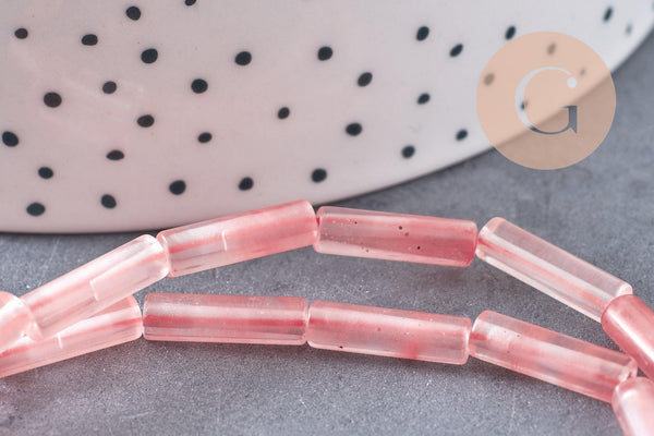 Perles tube quartz cerise verre 13mm, x1 fil de 37cm (G4159)