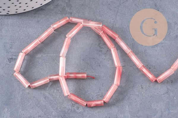 Perles tube quartz cerise verre 13mm, x1 fil de 37cm (G4159)
