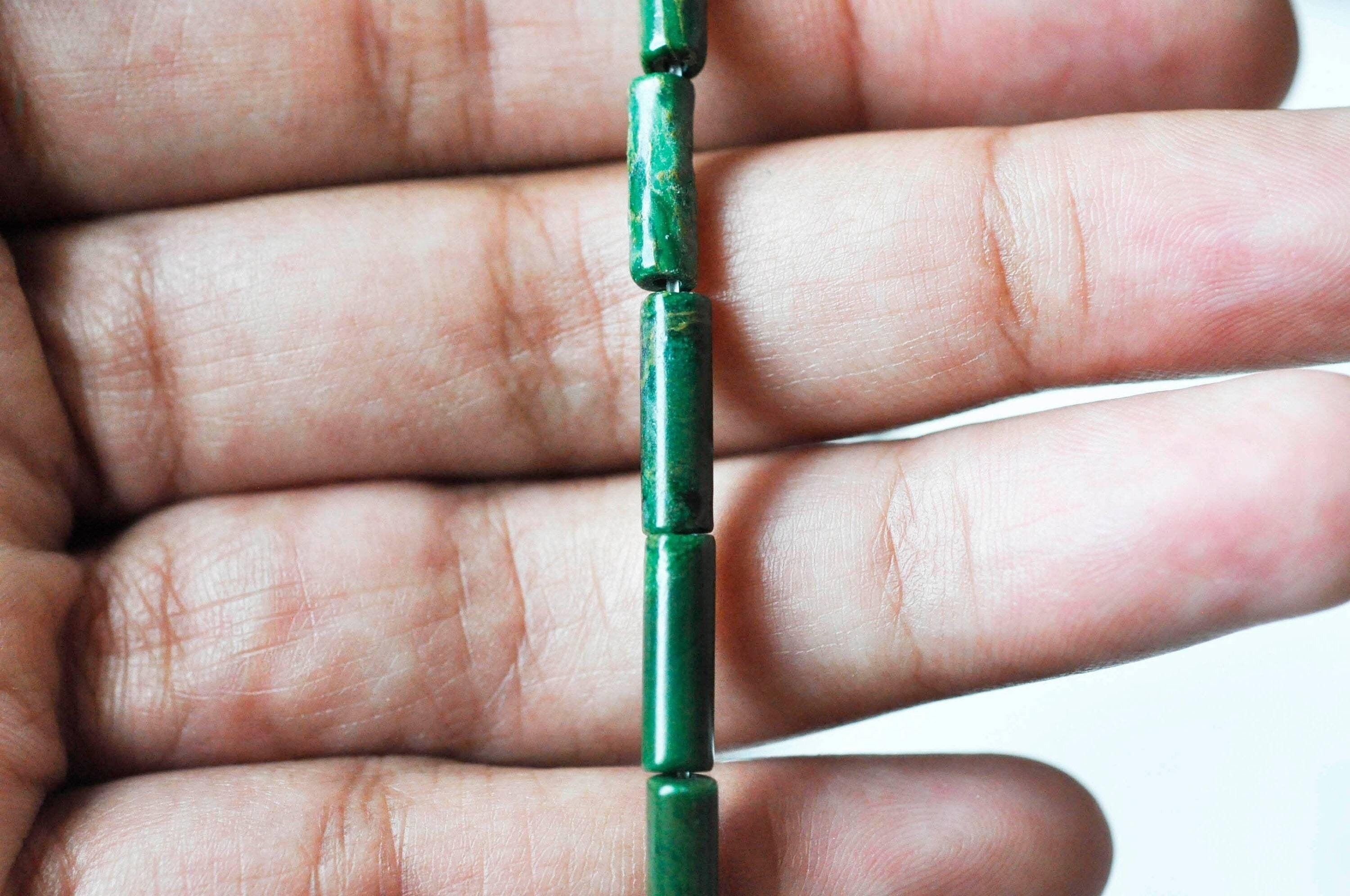 Perles tube rond jade africain naturel vert 13mm, x1 fil de 40cm (G4014)