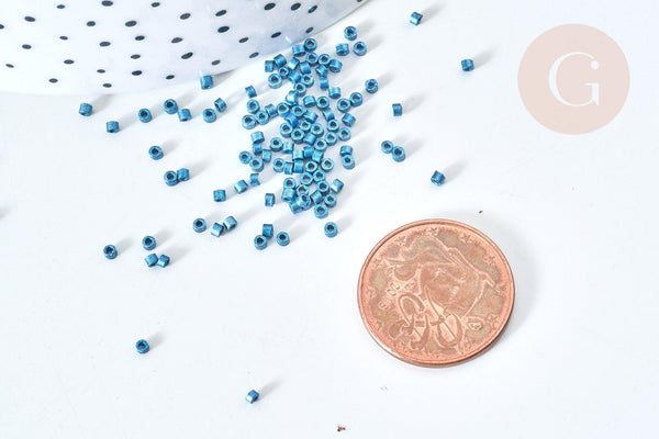 Perles tube verre bleu foncé métallisé mat façon Delica miyuki, x1 Sachet 8g (G7776)