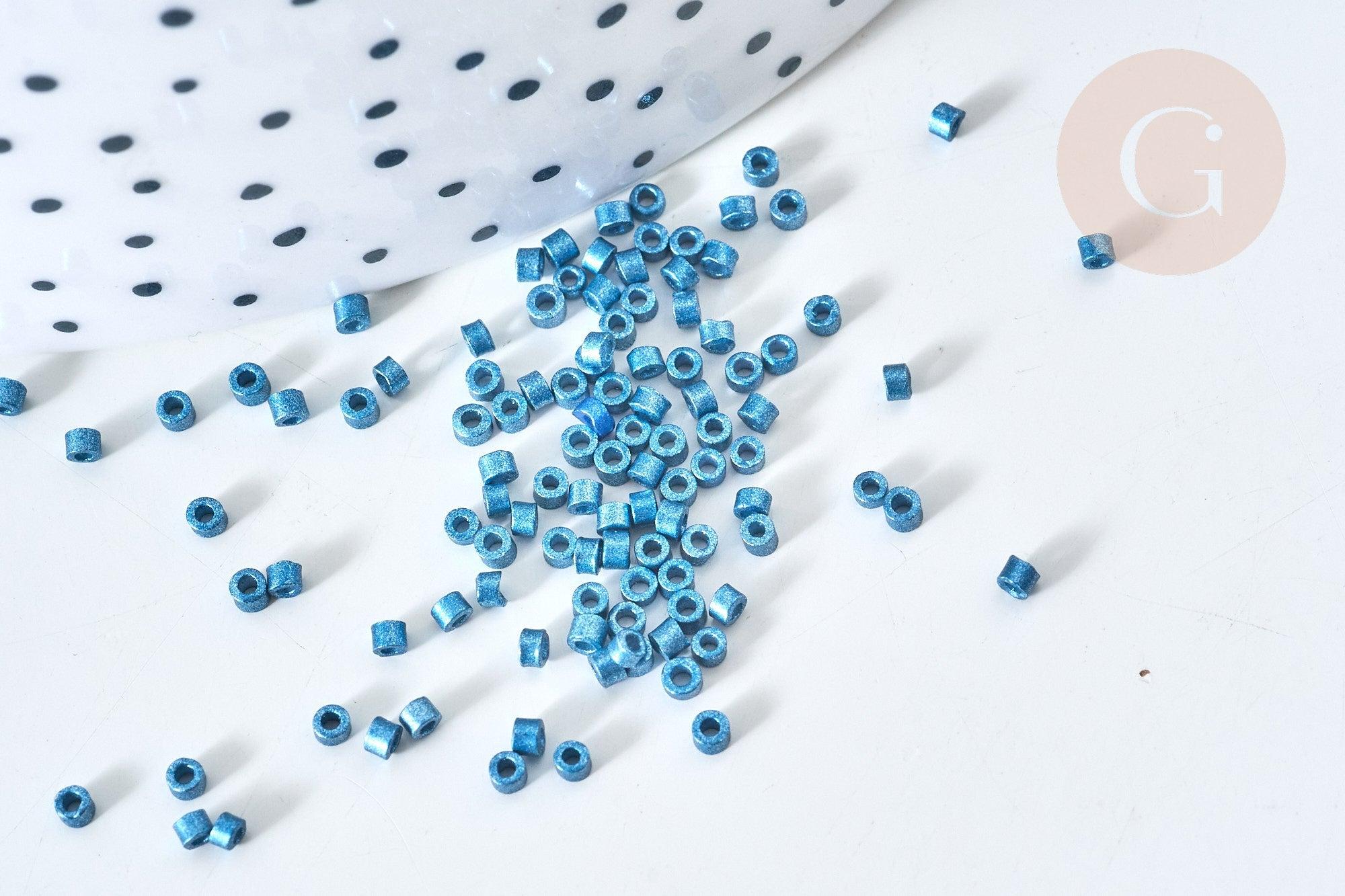 Perles tube verre bleu foncé métallisé mat façon Delica miyuki, x1 Sachet 8g (G7776)