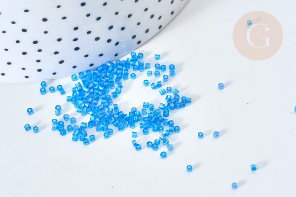 Perles tube verre bleu irisé transparent façon Delica miyuki, x1 sachet de 8g (G7782)