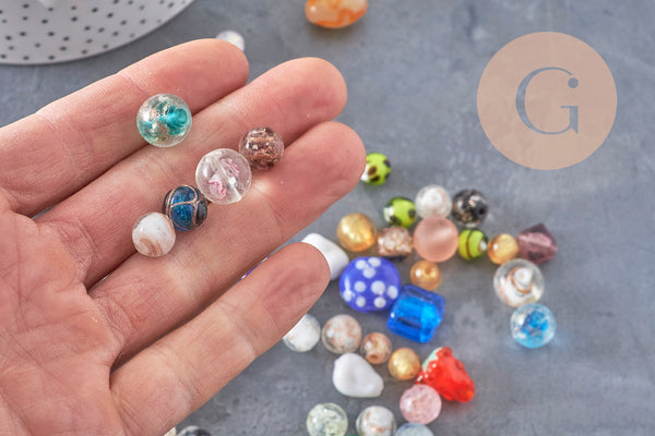 Perles verre murano formes et couleurs multiples, perles feuille argent, x10 (G11024)