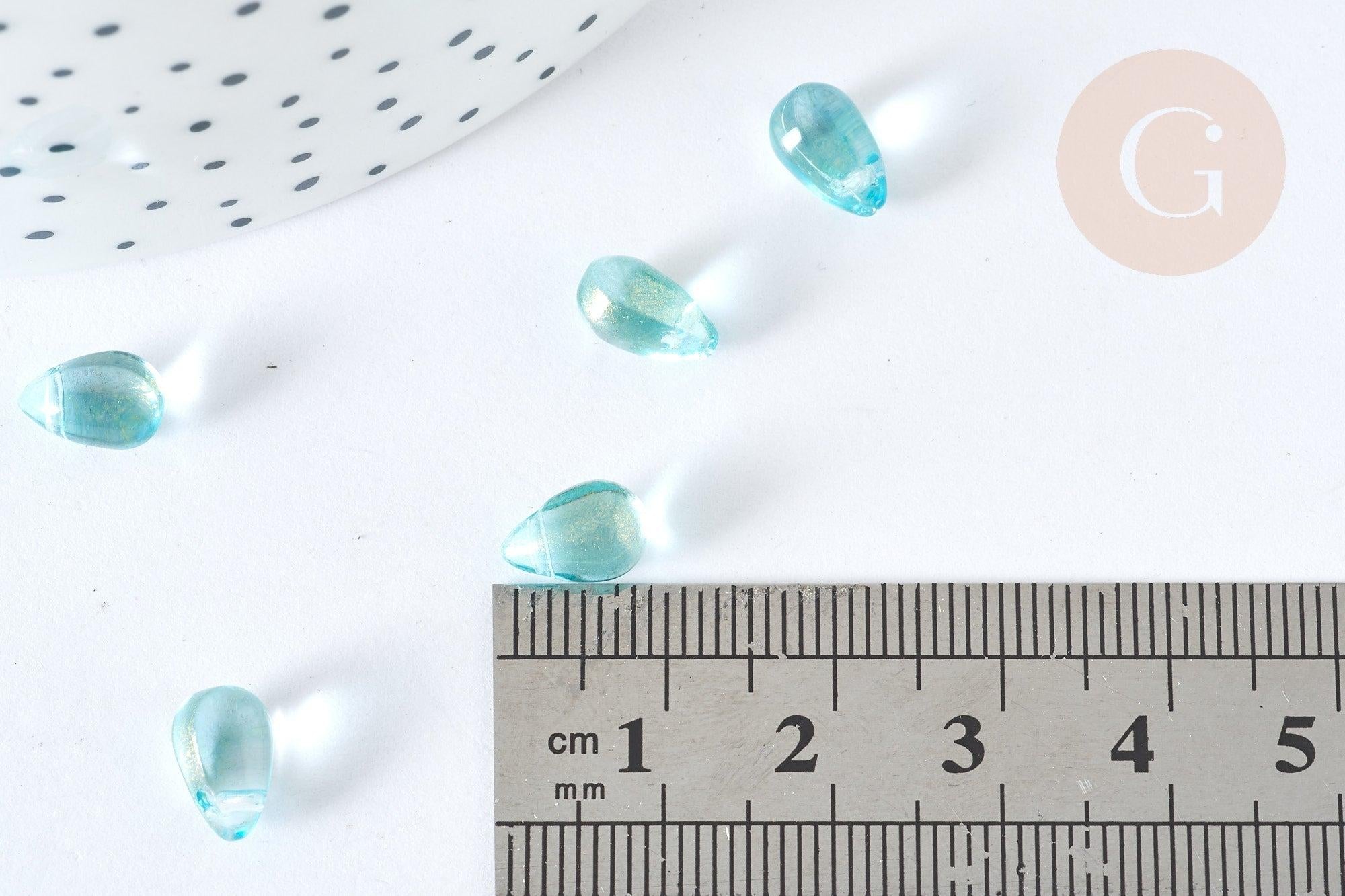 Perles verre transparent goutte bleu ciel doré 9mm, verre, x10 (G7283)