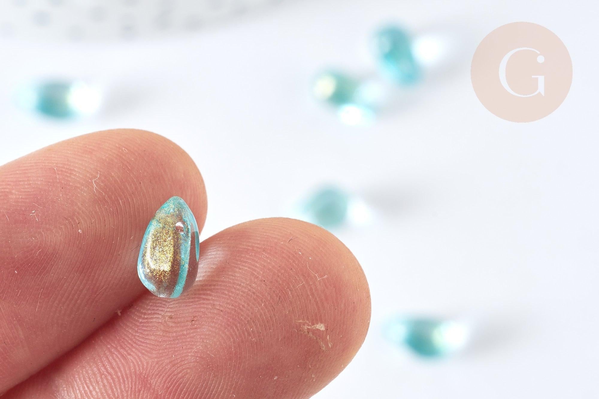 Perles verre transparent goutte bleu ciel doré 9mm, verre, x10 (G7283)