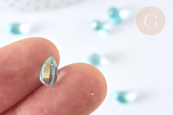 Perles verre transparent goutte bleu ciel doré 9mm, verre, x10 (G7283)