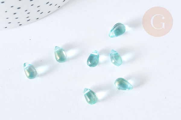 Perles verre transparent goutte bleu ciel doré 9mm, verre, x10 (G7283)