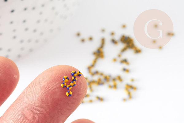 Petite Perle rocaille rayé jaune bleu,perle rocaille multicolore,perle multicolore,perle africaine,1.5x2mm, x 10gr (G2929)