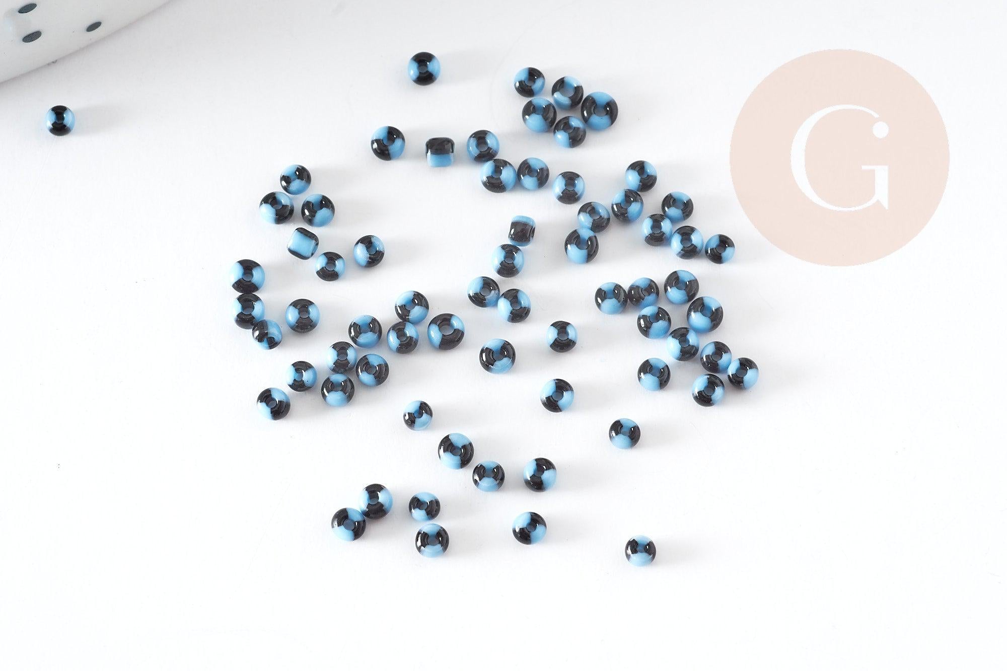 Petite Perle rocaille rayé noir bleu 1.5x2mm, perle rocaille multicolore, perle multicolore,perle africaine, x10gr (G3073)