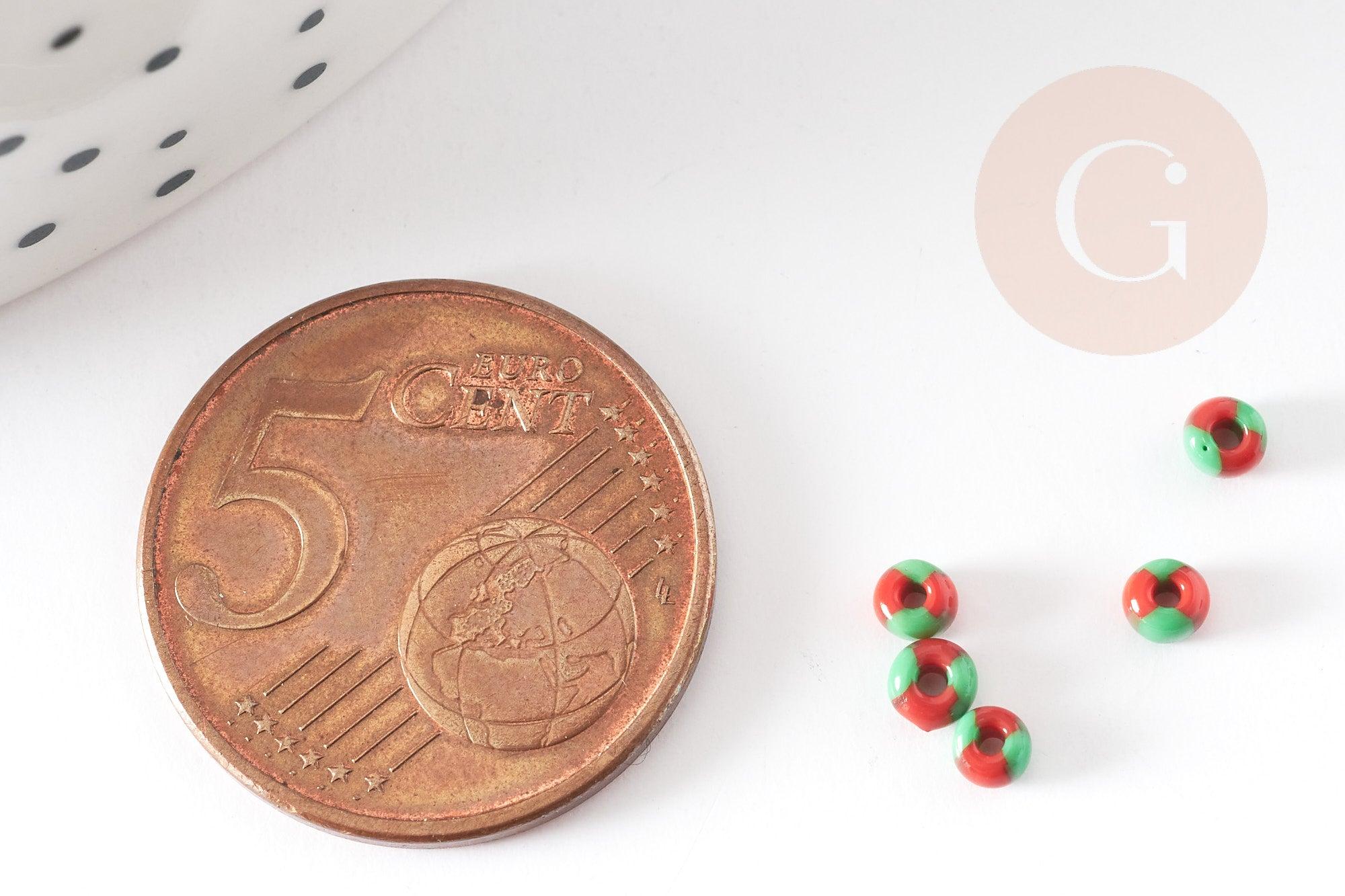 Petite Perle rocaille rayé rouge vert 2.5x3mm, x 10gr (G5397)