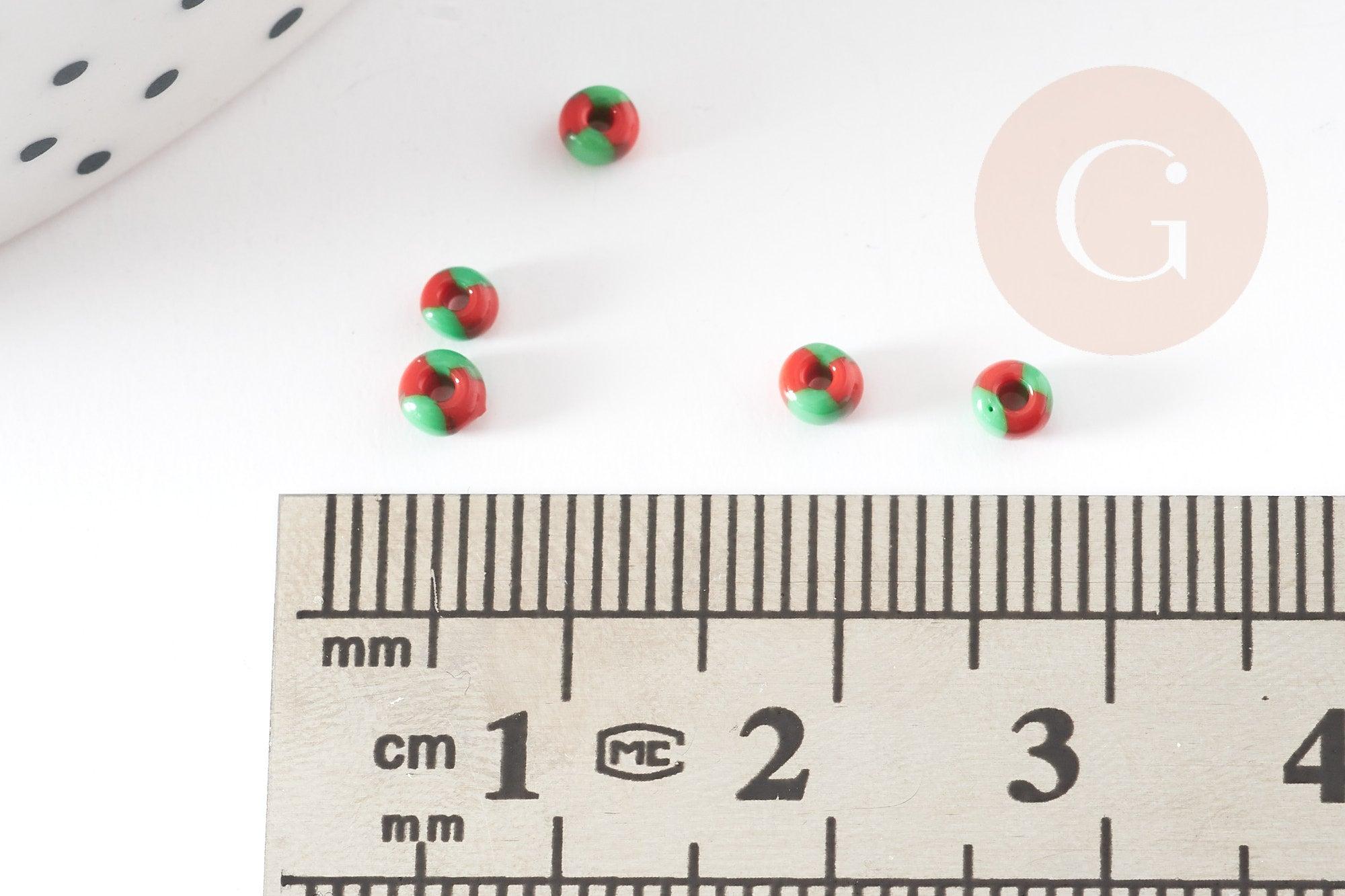 Petite Perle rocaille rayé rouge vert 2.5x3mm, x 10gr (G5397)