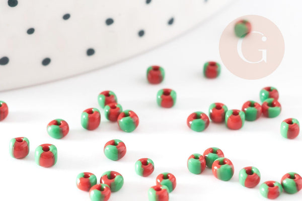 Petite Perle rocaille rayé rouge vert 2.5x3mm, x 10gr (G5397)