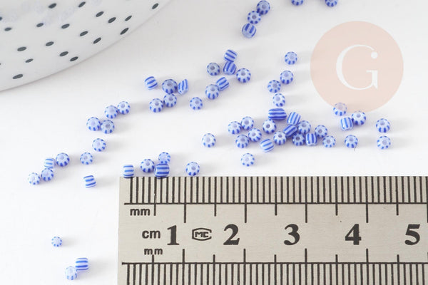 Petite perle rocaille rayé bleu blanc 1.5x2mm, x10 Gr (G9286)