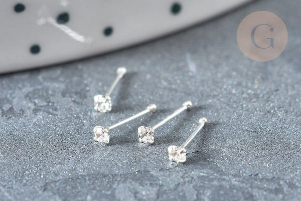 Piercing clou argent 925 massif strass avec boule d'arret 1.8mm, x1 (G7601)