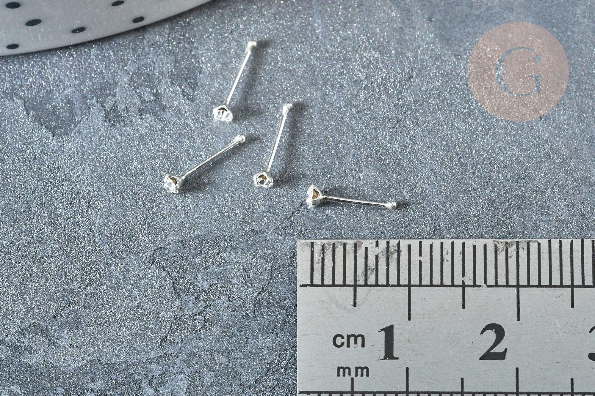 Piercing clou argent 925 massif strass avec boule d'arret 1.8mm, x1 (G7601)