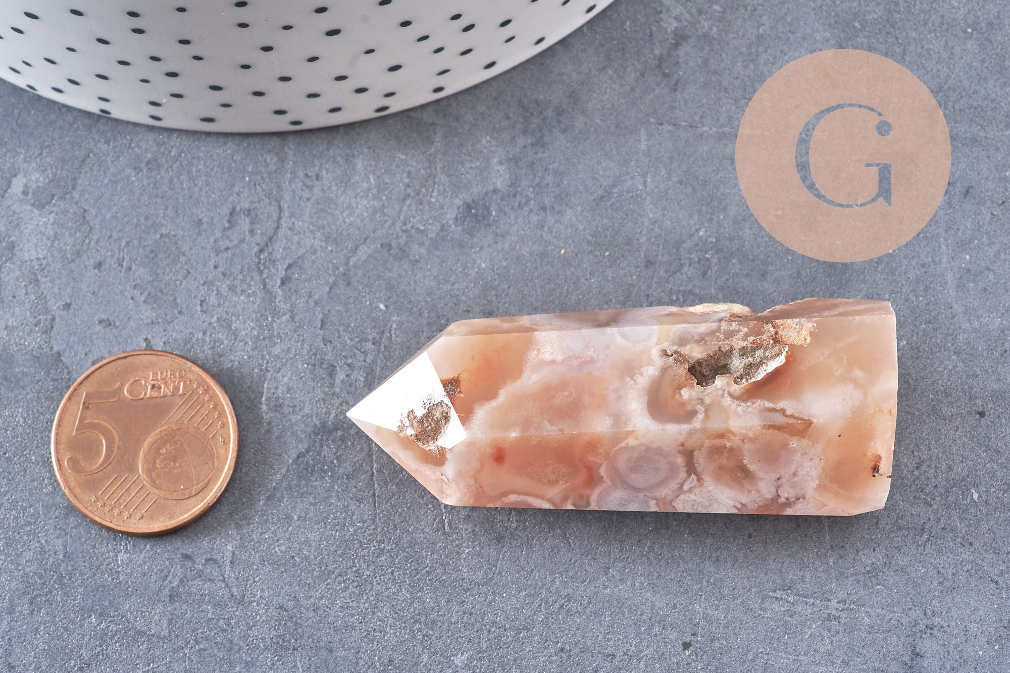 Pointe agate fleur naturelle roulée, agate fleur naturelle, pierre semi-precieuse, séance lithothérapie, x1 (G4867)